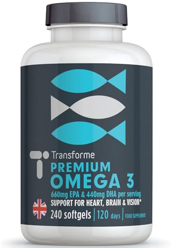 Omega 3 Fish Oil 2000mg, 2 x 1000mg Capsules High Strength Serving 660mg EPA and 440mg DHA, 240 Omega 3 Fatty Acids Softgels Supporting Heart, Brain and Eye Health, 4 Month Supply from Transforme