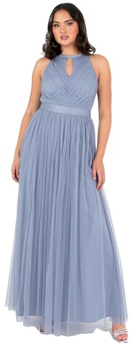 Anaya with Love Damen Women's Maxi Ladies Sleeveless Halterneck Keyhole Sash Tie Belt Tulle A-line Bridesmaid Wedding Guest Prom Evening Dress, Slate Blue, 38 EU