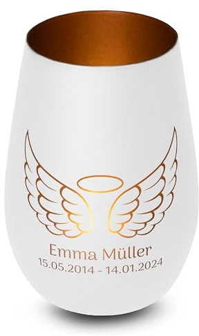 Elegantes personalisiertes Windlicht aus Glas in Weiß-Bronze Engel Flügel Gedenklicht für Verstorbene mit Gravur, Geschenk für Trauernde - Trauerlicht personalisiert mit Namen