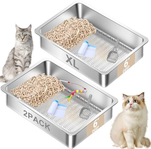 Amibud 2 Pack Stainless Steel Sifting Litter Box for Pine Pellets,Sifting Cat Litter Box for Wood Pellets,Extra Large Sifter Litter Pan System with Litte Liners and Scoop-20 ''Lx 13.8''W x 6''H