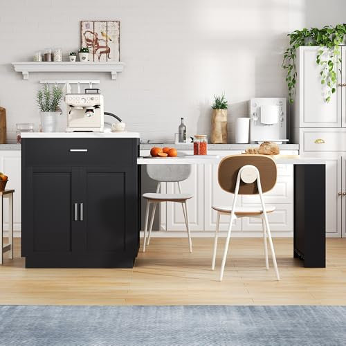 SUKY Isla de cocina con mesa de comedor extensible para 4-6 personas, mesa de cocina bicolor con enchufe, armario de almacenamiento, 2 estantes abiertos lateralmente, 2 cajones