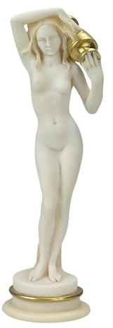 Jarra de agua con núcleo femenino griego antiguo que lleva hidria, estatua de alabastro fundido, color pátina