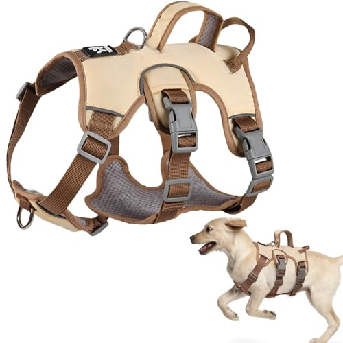 LiebeDD Antidragsele för hundar - reflekterande Arnet justerbar Y-harnet canicross hundsele för små och medelstora valpar, beige + bröstring, S