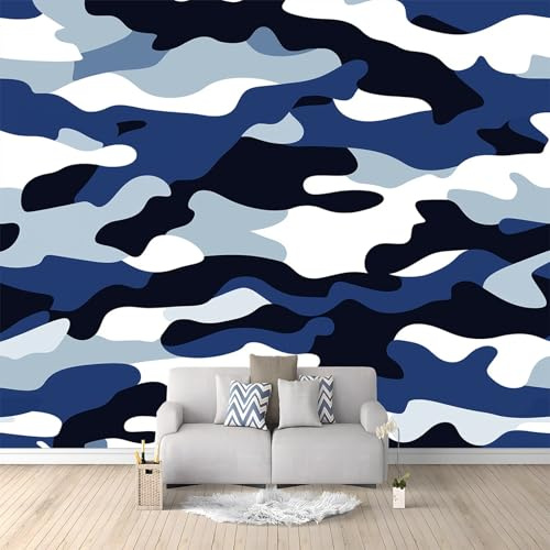 Papel Pintado Panorámico Patrón De Camuflaje Azul 200x140 cm Fotomurales No Tejido, Murales Decoración Póster Pared Personalizado 3D Para Salón Dormitorio