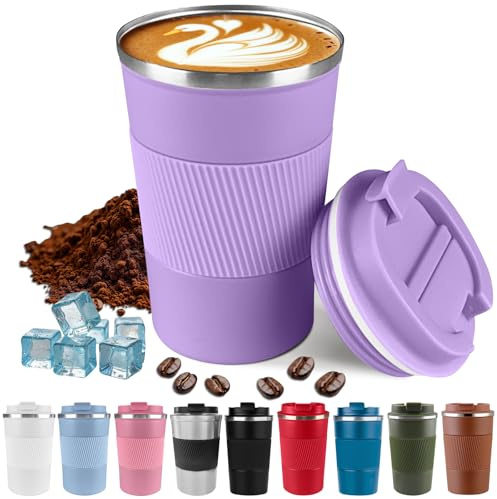 Harindiver Insulated Coffee Cup with Lid, Leak Proof Travel Coffee Mug, Reusable Stainless Steel Vacuum Tumbler, Double Wall Thermal Cup for Hot and Cold Drinks, for Men and Women(3rd-Purple, 380ml)