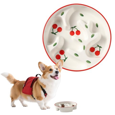 Comedero Antivoracidad Perro de Cerámica - Plato Comida para Perros medianos y Grandes, Control de porciones - Laberinto Bonito para alimentación Lenta - 310 g - Serie Doodle Cereza