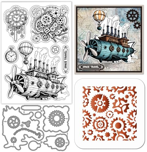 GLOBLELAND Vintage Steampunk Spaceship Gears Die Cuts Clear Stamps Painting Stencils for Card Making Retro Clock Silicone Stamps Metal Cutting Dies PET Craft Template for DIY Scrapbooking Decor