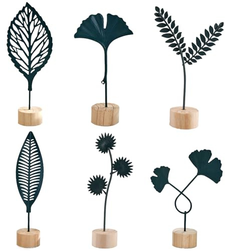 YunBey Decorazione Nordica in Metallo con Forma di Pianta | Base in Legno, Ornamento per Tavolo con Design Semplice di Foglie e Fiori, Piccola Scultura per Casa e Ufficio