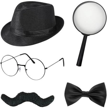 TGKEAIY 5 Pcs Detective Costume Accessories Set, Detectives Kit | Sherlock Fancy Dress Kit with Hat Fake Mustache Bow Tie Black Frame Glasses Magnifier for Halloween Cosplay Carnival