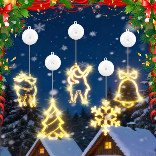 Weihnachtsbeleuchtung Innen 5er Set, LED Weihnachtsdeko Fenster mit Saugnapf & 10 Klebepads, Warmweiß, Weihnachtsmann REH Baum Glocke Stern Fensterdeko Weihnachten für Weihnachtsdeko,Party & Hochzeit
