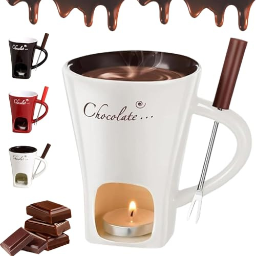 Chocolate Fondue Mug with Forks, Chocolate Melting Cup, Fondue Cup for Cheese/Chocolate/Snacks, Melting Chocolate Mug, Includes Forks and Candles, for Birthday Date/Wedding Party (White)