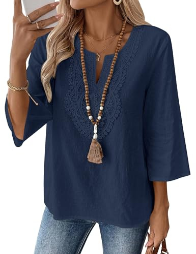 Rapbin Top da donna con maniche a 3/4, scollo a V, in cotone e lino, casual, vestibilità larga, tunica in pizzo bohémien, blu navy, XXL