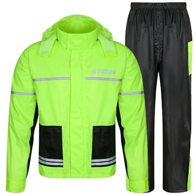 STORM Tuta Antipioggia Impermeabile 2 Pezzi con Inserti Elasticizzati, Giacca + Pantaloni Abbinati ad Alta Visibilità Yellow Fluo, Antivento con Cappuccio a Scomparsa (Giallo/Fluorescente, Small)