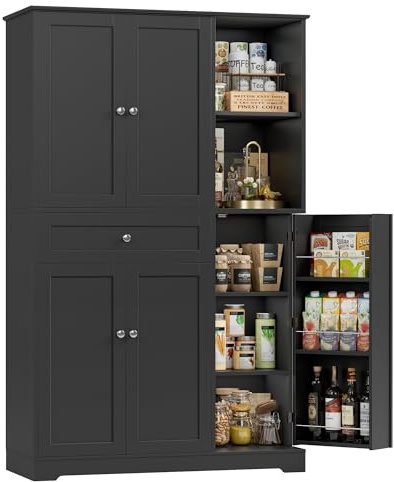 FirFurd Küchenschrank mit Gewürzregal Mehrzweckschrank Vorratsschrank Buffetschrank mit 5 Türen und 1 Schublade Küchenmöbel Hochschrank für Küche Wohnzimmer Flur 173x104x40cm schwarz
