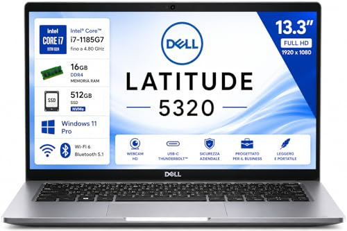 Dell Latitude 5320 13.3 Full HD Notebook – Intel Core i7-1185G7 – 16GB RAM – SSD 512GB – Windows 11 Pro – Wi-Fi 6 – Webcam – USB-C Thunderbolt – Tastiera QWERTY Italiana (Ricondizionato)
