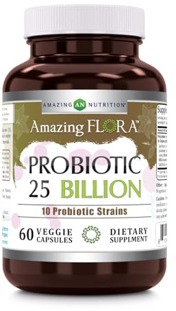 Amazing Flora Probiotic 25 Billion with 10 Best Probiotics Strains Including Acidophilus, plantarum, rhamnosus etc * Supports Digestive & Immune Health * 60 Veggie Capsules