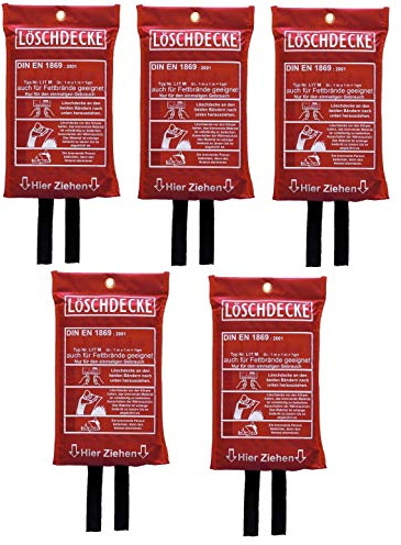 Lot de 5 couvertures anti-incendie 1 x 1 m DIN EN 1869:2001 - Convient également pour les feux de graisse, les feux de graisse, la cuisine, les extincteurs de feu de voiture, 100 x 100 cm
