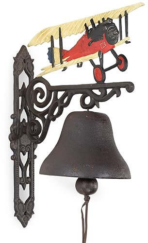 Moritz große Gußeisen Wandglocke Flugzeug roter Doppeldecker landet Glocke Türglocke 56,1 cm Höhe Hausglocke antik Stil braun Klingel Verziert