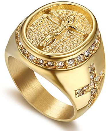 JewelryWe Schmuck Herren-Ring Christian Jesus Kreuz Kruzifix Siegelring Strass Edelstahl Retro Religiöser Ring Band mit Gravur Gold Size 13