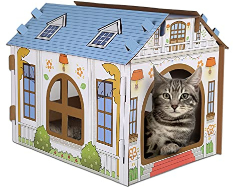 SEKAM Casa per gatti in cartone con tiragraffi/erba gatta, (41,5 cm di lunghezza x 30,5 cm di larghezza x 33 cm di altezza), casetta per gatti da interni, giocattolo tiragraffi per gatti, nascondiglio