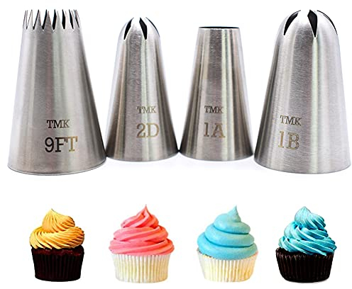 Tumenque 4 Pack Stainless Steel Seamless Piping Icing Tips #9FT 1B 2D 1A, Large Star Piping Nozzle, Cake Decorating Tools for Baker