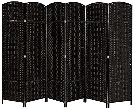 VINGLI 6-Panels Tall Rattan Room Divider, 6 FT Folding Privacy Screen, Indoor Partition Wall Dividers, Freestanding Hinged Space Separator (Black)