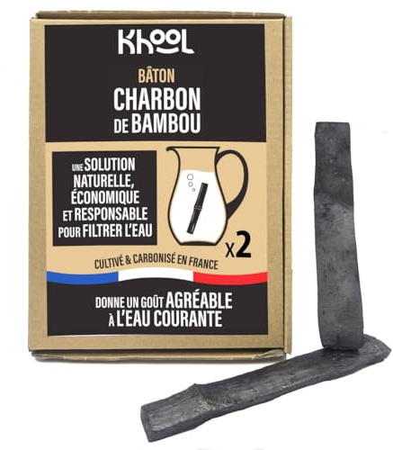 KHOOL - Charbon Actif Eau - 2 Bâtons de Charbon de Bambou Naturel - Format Découverte - Bâton Filtrant pour Carafe et Gourde - Alternative Écologique aux Cartouches - Origine France