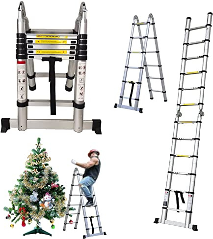 Aluminum Telescoping Ladder with Stabilizer Bar - A-Frame & Extension Ladders, 12.5 FT, Multi-Purpose, 330 lb Load Capacity