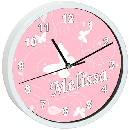 CreaDesign, Wanduhr Kinder personalisiert mit Name, Motiv Schmetterling rosa, Rahmen Wanduhr weiß, Ø 19,5 cm