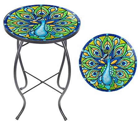 MUMTOP Table d'appoint d'extérieur – Petites tables de patio en mosaïque – Support rond de 35,6 cm pour plantes de jardin et salon (paon)