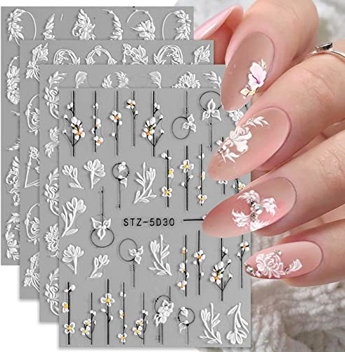 4 Blatt 3D Nagelsticker Frühling Blume Nagelaufkleber 5D Stereoskopisch Selbstklebend Nail Art Sticker Dekoration Nageldesign Zubehör