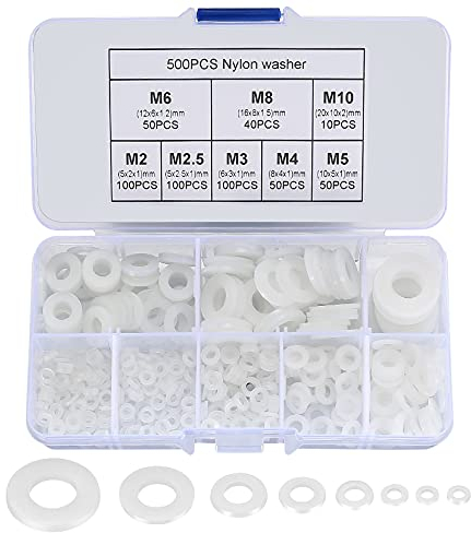 500 Pezzi Rondella Piatta in Nylon, Piatte Guarnizione, Guarnizioni Idrauliche, Kit Distanziatore Rondella Distanziatrice - M2/M2.5/M3/M4/M5/M6/M8/M10 (B-Bianco)