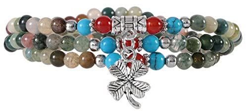 KYEYGWO Indischer Achat Kleeblatt Kristall Perlen Armband für Unisex, Buddhistischer Halsketten Chakra Armbänder Edelstein Wickelarmband Glücksbringer Perlenketten Segen Schmuck