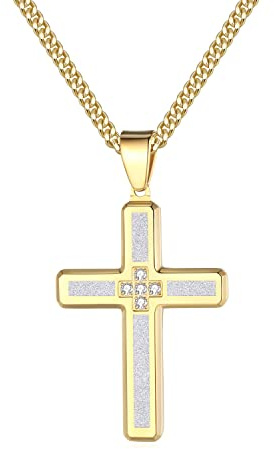 LuxSep Collier Pendentif Croix pour Hommes avec chaîne de Bord Zircons doré 55cm