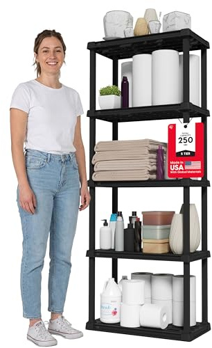 IRIS USA 5-Shelf Light Duty Plastic Storage Shelves, 250lb Capacity, 64 H x 24 W x 12 D, Medium Modular Shelving Unit Storage Organizer for Bathroom, Laundry, Garage & Home, Storage Rack - Black