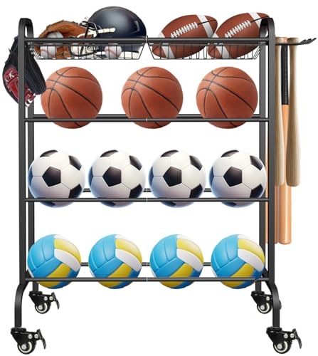 Artibear Basketball Racks Holder for Balls with Wheels, Rolling Metal Sports Equipment Storage Stand Organizer with Baskets and Hooks for Basketballs Footballs Volleyball, Black