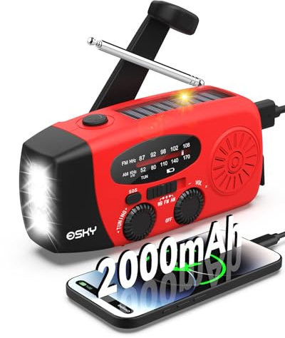Esky Wind Up Solar Radio, Survival Hand Crank Dynamo AM/FM Emergency Weather Radio, 2000mAh Rechargeable USB Phone Charger, SOS Alarm, LED Bright Flashlight, for Household and Outdoor Camping, Hiking