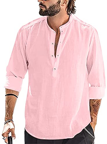 YAOBAOLE Chemise Homme Decontracte Chemise Blanche Été Homme Henley Shirt Hommes Chemises Hommes Manches Longues Regular Fit Couleur Rose 2XL