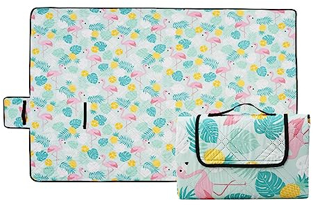 Yoonqun Picknickdecke 200x200cm,Wasserdicht Strandunterlage,Flamingo-Pflanzen Stranddecke XXL Weiche Campingdecke mit Tragegriff Strandmatte für Park,Garten,Strand,Waschbar