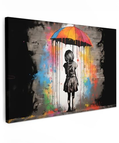 MuchoWow© Leinwände Wall Decoration Bilder Schlafzimmer Deko Pictures | 90x60 cm - Canvas Painting Wanddekoration Wohnzimmer Banksy - Street Pop Art - Kunst - Regenschirm - Graffiti - Farben