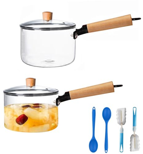 Inevoc 2 Pack Glass Saucepan Set, 60oz/1.8L Clear Glass, Heat-resistant Simmer Pot for Pasta, Soup, Milk, Cookware with Lid and Long Handle