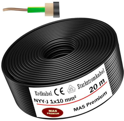 MAS-Premium Erdkabel Deutscher Marken-Elektrokabel Ring zur Verlegung im Erd- und Außenbereich Standard Starkstromkabel (NYY-J 1x10 mm², 20m)