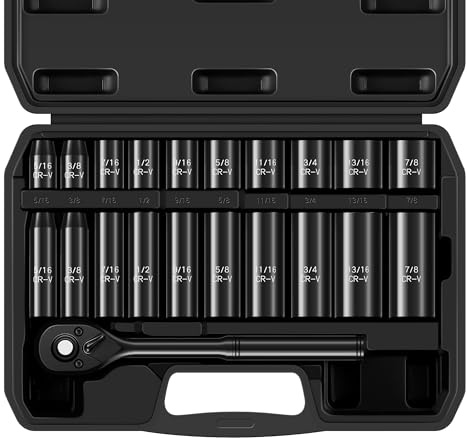 Reniteco 21-teiliges Steckschlüssel-Set, 1 cm, SAE tief, flache Stecknüsse, 72 Zähne, Ratschenschlüssel