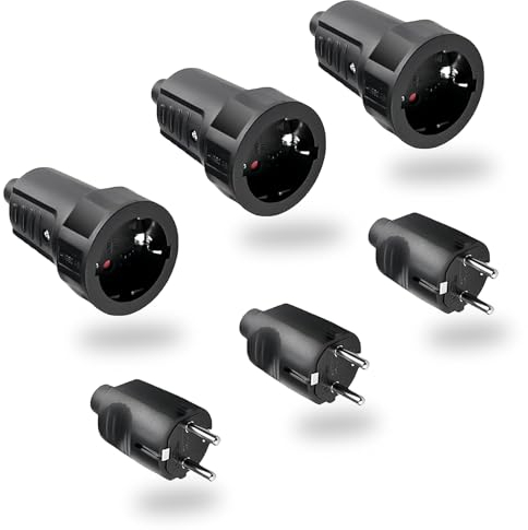 RYAN Schuko Kupplung 3 Paar Schuko Stecker Kupplung 230v 16A IP44 Schuko Stecker Kupplung mit Knickschutz für Haushaltsgeräten Beleuchtungslampen Kleingeräten Steckdosen Schwarz