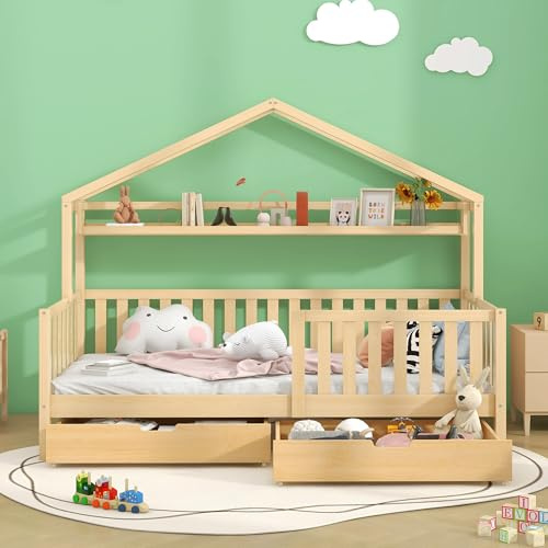 Kinderbett 90x200 cm, Kinder Hausbett mit Zwei Schubladen und Ablageregal, Kiefernholz Baumhausbett mit Rausfallschutz und Lattenrost, Spielbett Haus Bett für Jungen & Mädchen, Holzfarbe