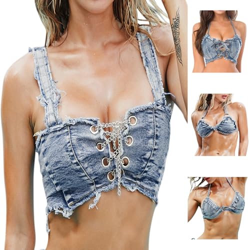 boseucn Bikini Oberteil Große Brüste Damen Denim Stoff Aushöhlen Rückenfreies Oberteil Bikini BH Bikini Top Bikinioberteile für Damen Triangel Bikinis Sommer Strand Bikini Top Swimsuit Oberteil