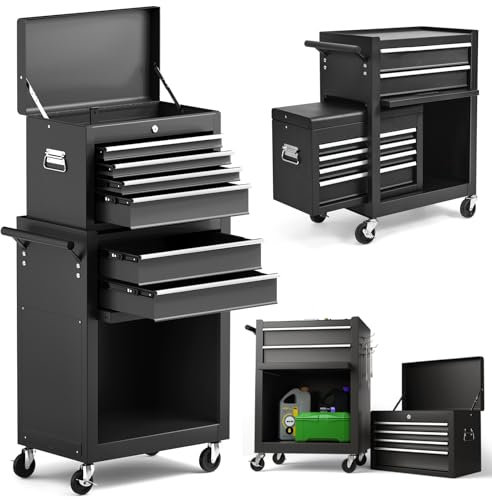 HOMFME Roller Tool Cabinet, 2 in 1 Tool Storage Chest with Removable Top Cabinet, Lockable Wheels, Handle, 2 Keys, 4 Hooks and 6 Drawers, Lockable Tool Trolley Cart for Workshop Garage (Black)