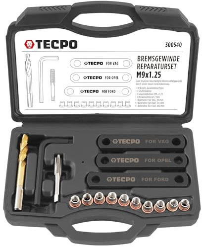 TECPO Bremsgewinde Reparatur Set, 16-TLG. M9 x 1,25 Gewindebohrer mit Gewindebuchsen Führungsbolzen Gewindereparatur Werkzeug Gewindehülse