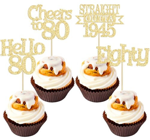 Ephlyn 24Pcs Happy 80th Birthday Cupcake Toppers Glitter Straight Outta 1945 Cupcake Picks Hello 80 Cheers to 80 Years Birthday Cake Decorations for 80th Birthday Anniversary Party Supplies Gold