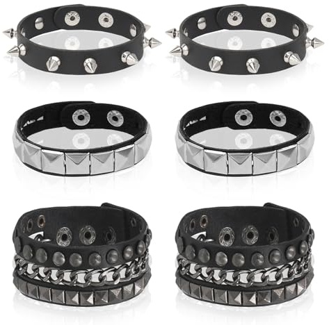 FUIPVGI 6 pulseras punk, pulsera punk rock tachonada, pulseras de cuero con pinchos, pulsera con tachuelas de los años 80, accesorios punk para hombres y mujeres para regalos de fiesta de Halloween,